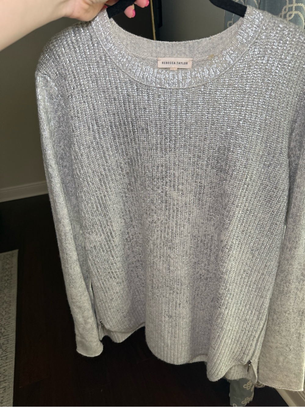 Rebecca Taylor Shimmering Silver Ribbed Crewneck Sweater W/zipper detail small